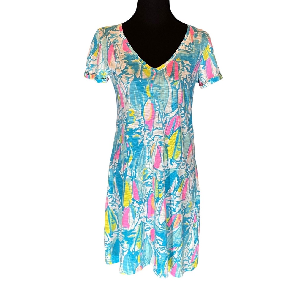 Lilly Pulitzer Sailboat Print V-Neck Slub Cotton T-Shirt Dress Blue XS Coastal